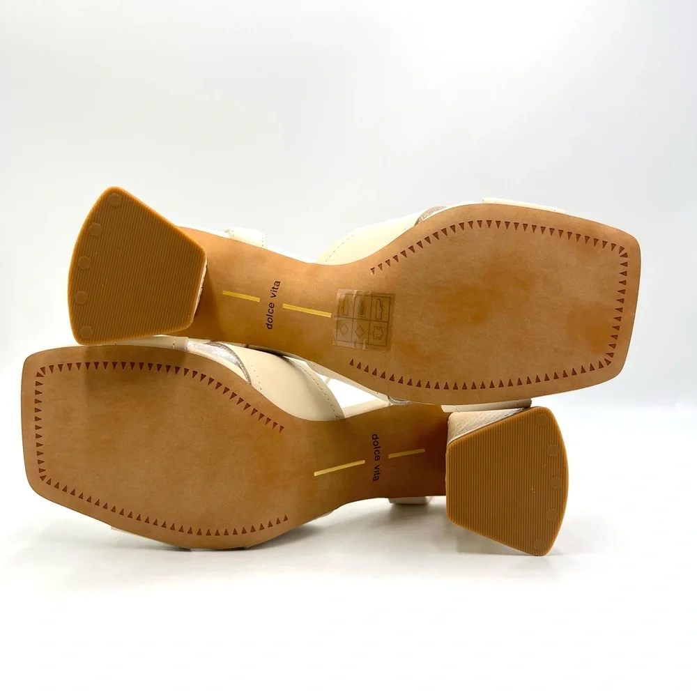 Dolce Vita Womens 7‎ 7M Tiki Cream Leather Square Toe Block Heels Sandals Shoes